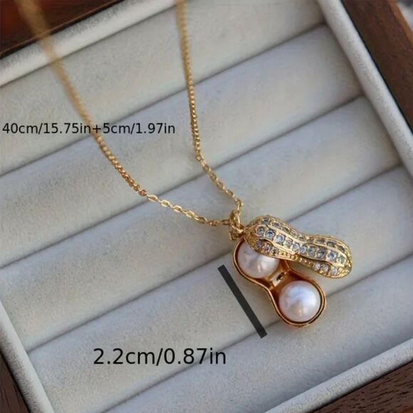 14K Rose Gold Plated Diamond Peanut Pearl Pendant Necklace - Picture 2 of 3